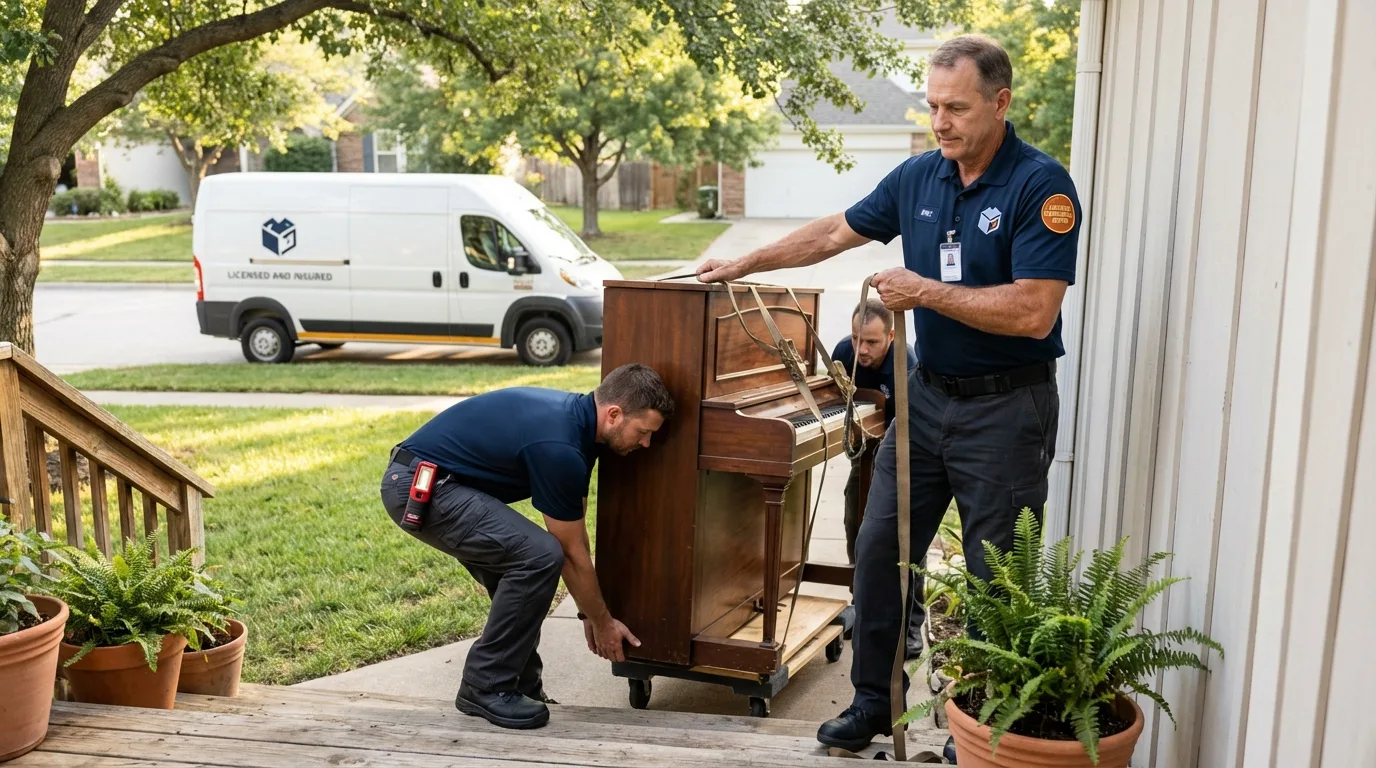 Licensed piano movers securing grand piano in Hiram, OH