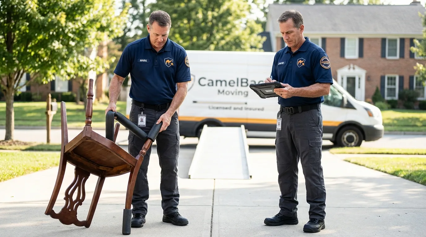 Movers inspecting furniture for damage prevention before loading in Hiram, OH