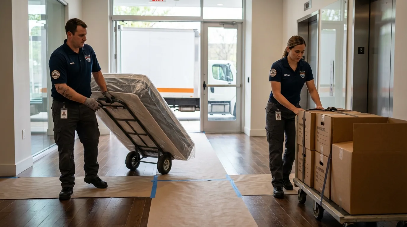Professional apartment movers loading elevator in Hiram, OH