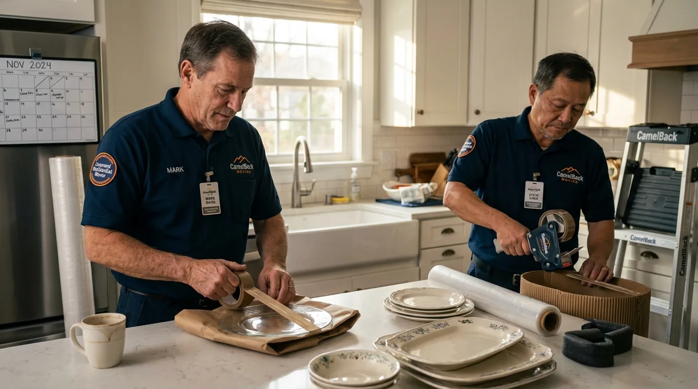Professional crew packing kitchen dishware in Hiram, OH